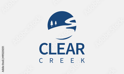 Clear Creek Logo Design Template. evergreen pine tree logo vintage with river creek vector emblem illustration design.