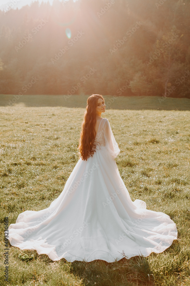 Beautiful back of the bride in a wedding dress on the field at the sunset