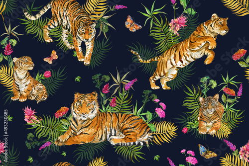 Tigers watercolor seamless patterns for printing on fabrics and wallpaper