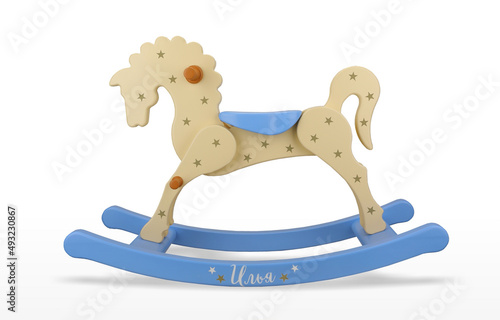 the horse is a wooden toy swinging made of wood painted with environmental paint a beautiful and interesting toy on a white background 