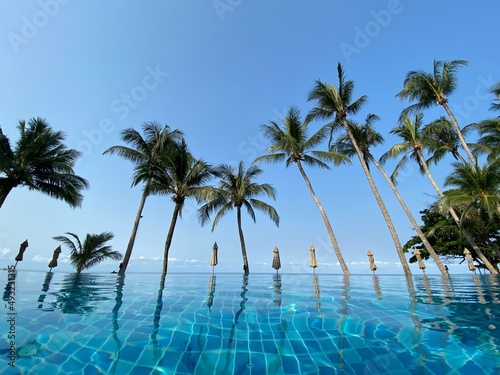 beach and sea  Holiday and vacation  nice tropical beach with palms  White clouds with blue sky