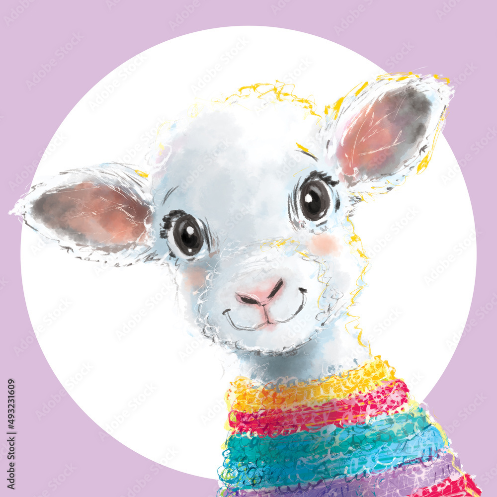 Urocza owieczka w sweterku - dekoracja do pokoju dziecięcego. Kolorowy plakat z barankiem do dziecięcej sypialni. Ilustracja, grafika ze słodkim zwierzakiem dla dzieci. - obrazy, fototapety, plakaty 