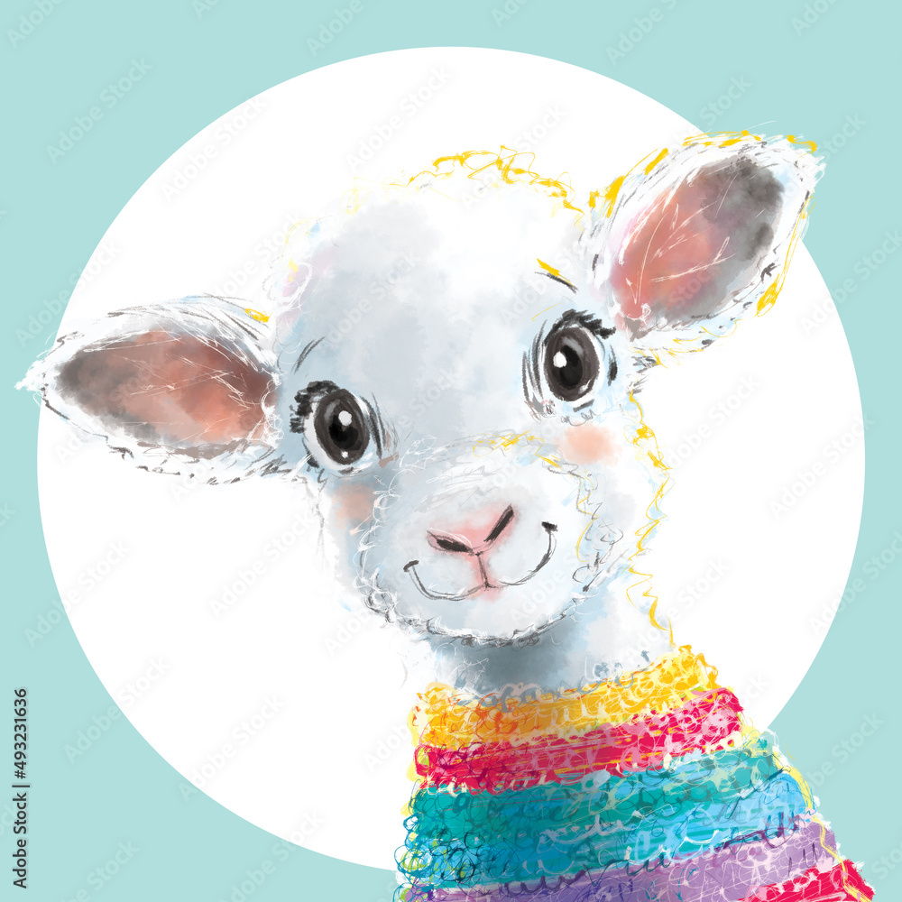 Urocza owieczka w sweterku - dekoracja do pokoju dziecięcego. Kolorowy plakat z barankiem do dziecięcej sypialni. Ilustracja, grafika ze słodkim zwierzakiem dla dzieci. - obrazy, fototapety, plakaty 