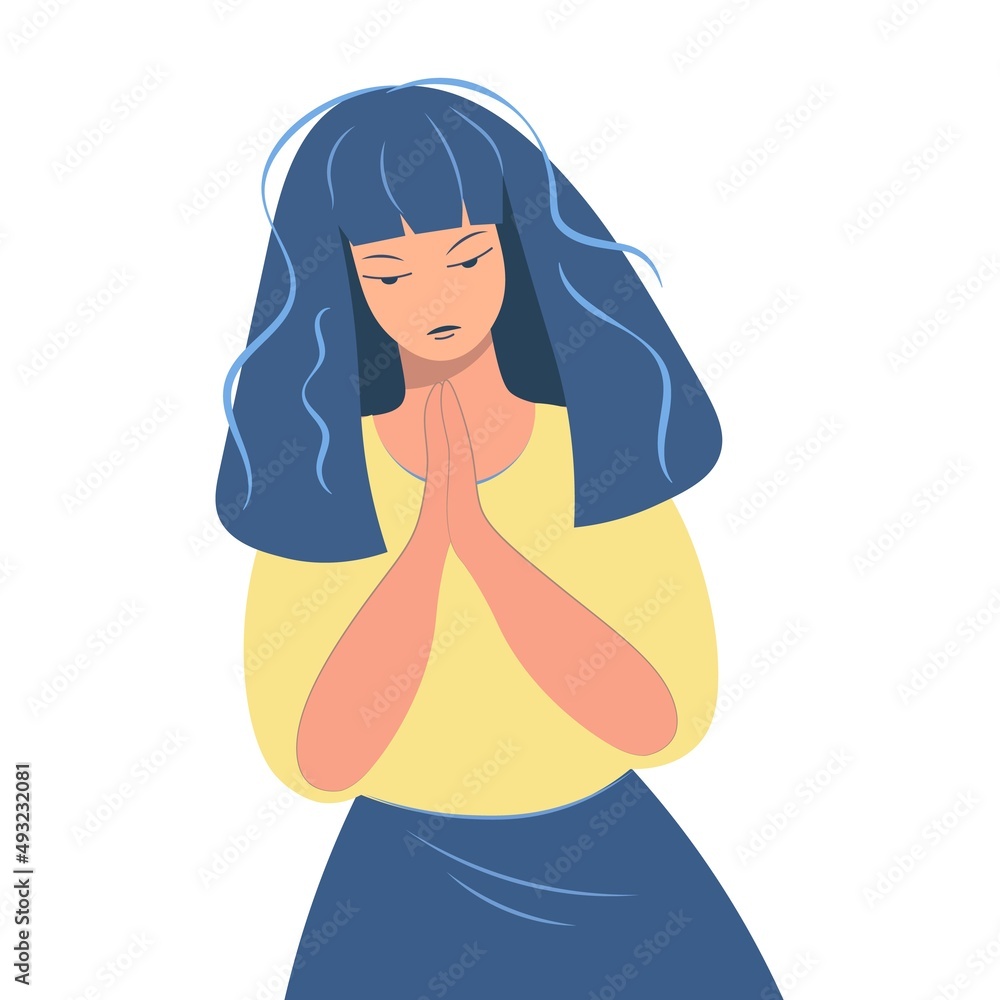 Ukrainian girl prays. Sad woman in national clothes on a white background. Pray for Ukraine. Vector isolated illustration. Ukrainian girl prays. Sad woman in national clothes on a white background. Pray for Ukraine. Vector isolated illustration.