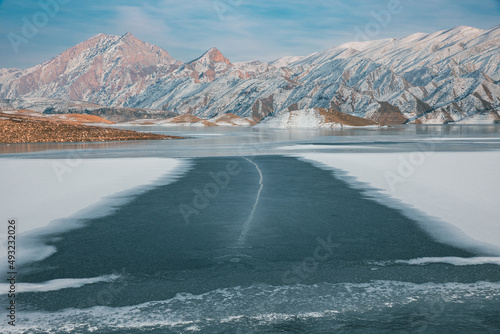 frozen lake with mountain