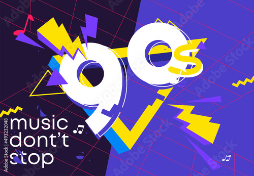 Vector illustration of a theme party return to 90, figure 90 with an active geometric background
