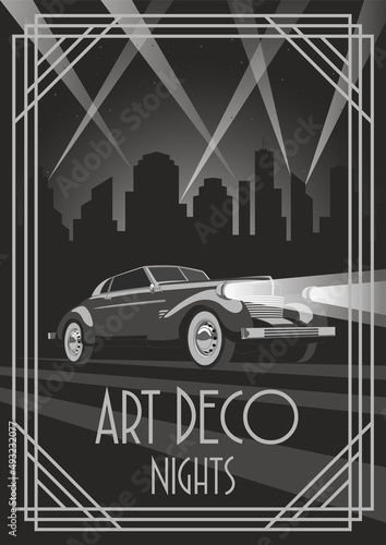 Art Deco Style Night Car Poster. 1920s Art Deco Style Illustration