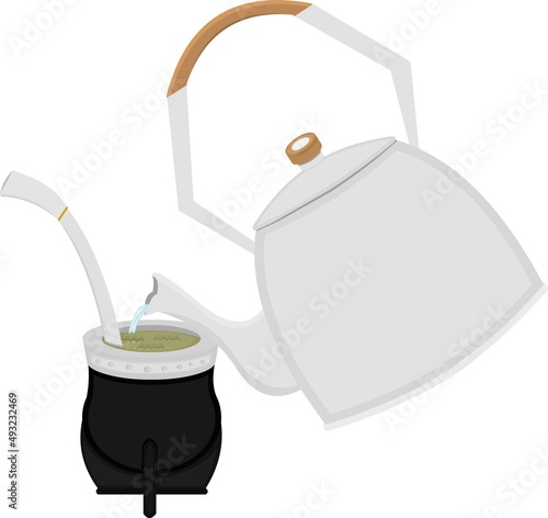 Vector illustration of teapot pouring water into a mate, classic argentine drink