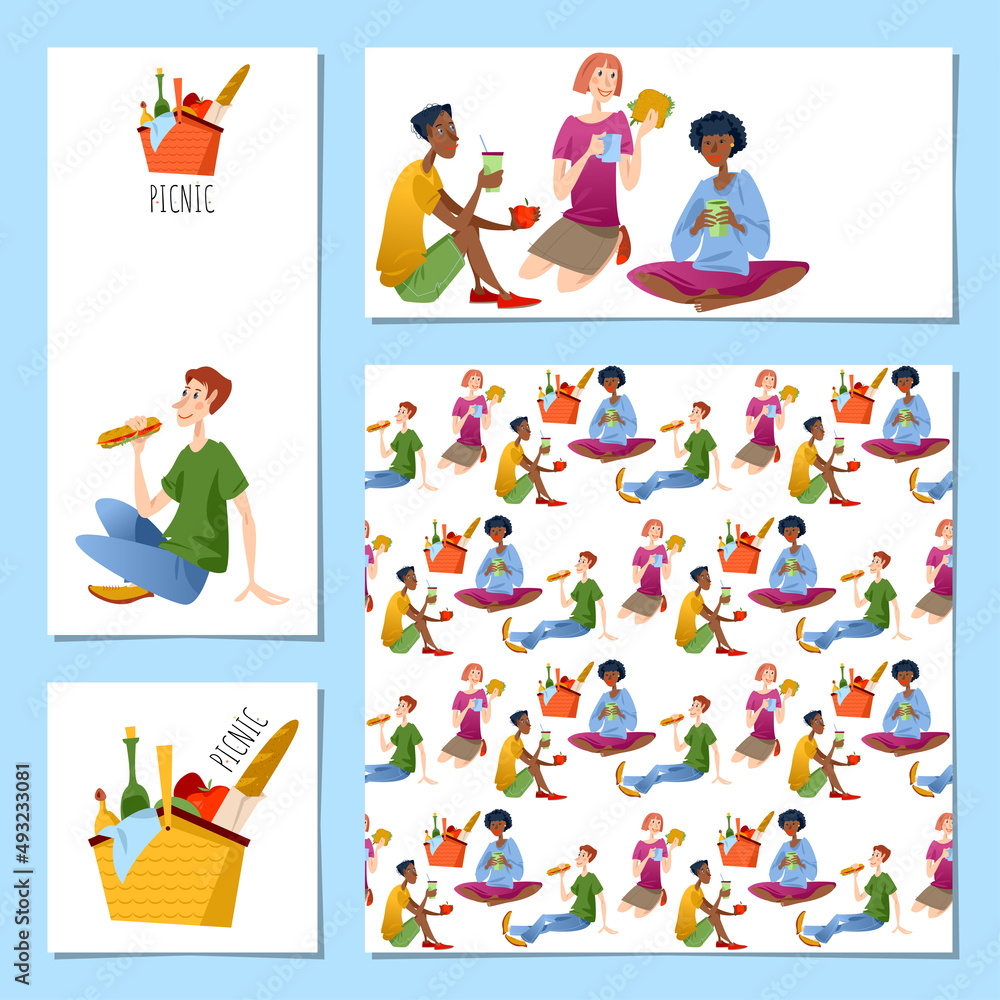 Set of 4 universal cards with group of multiracial friends having  an outdoor picnic