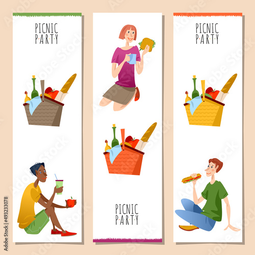 Set of 3 bookmarks with group of multiracial friends having  an outdoor picnic. Picnic party. Vector illustration..