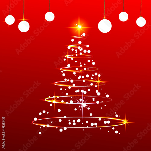Merry Christmas, Flat Vector Tree Illustration Design With White Hanging ball, Red Gradient Background For Infographics, Posters, Greeting Cards