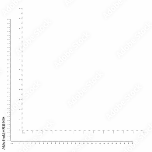 Vector illustration of corner rulers from 0 to 12 inches and from 0 to 30 cm isolated on white background. Set of measure instrument lines in flat style. Vertical and horizontal measuring scales.