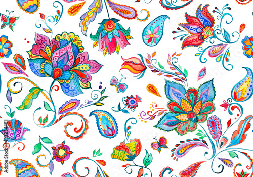 Paisley watercolor floral pattern tile with flowers, flores, tulips, leaves. Oriental traditional hand painted water color whimsical seamless print isolated on white. Abstract indian batik background