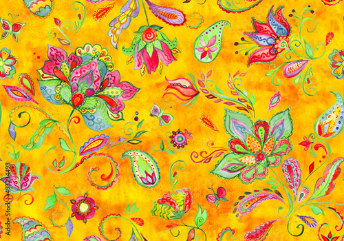Paisley watercolor floral pattern tile with flowers, flores, tulips, leaves. Oriental traditional hand painted water color whimsical seamless print isolated on white. Abstract indian batik background