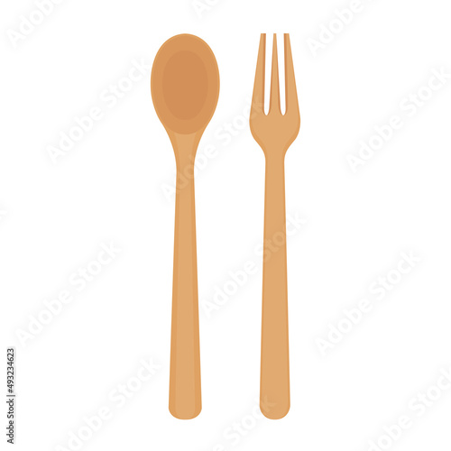 Spoon and fork on white background. spoon and fork vector. Wood spoon and  wood fork.