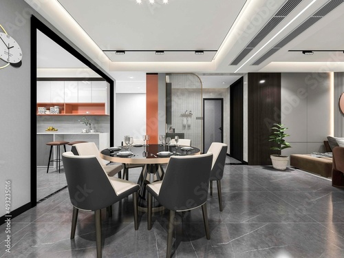 3D rendering  spacious dining room design next to the modern kitchen  with a beautiful dining table and greenery