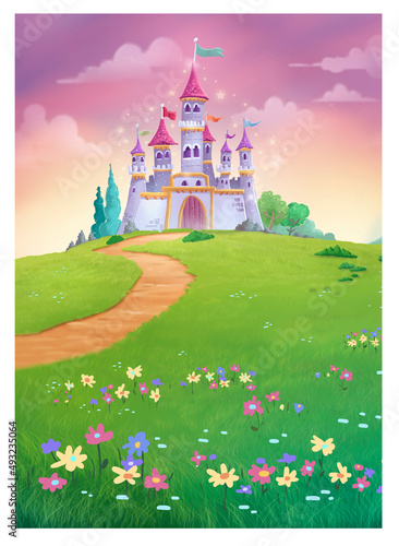 Ilustración del castillo mágico en el campo de flores