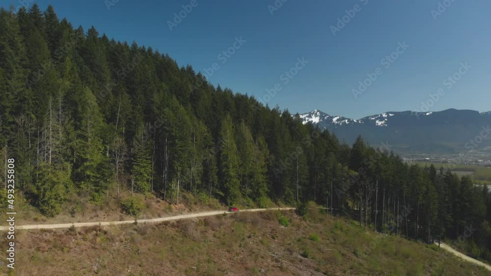 Red jeep SUV off road vehicle driving on dirt logging road approaching trees on mountain forest beautiful scenery blue sky snow covered peaks wildflowers in spring Aerial follow very wide panorama Red jeep SUV off road vehicle driving on dirt logging road approaching trees on mountain forest beautiful scenery blue sky snow covered peaks wildflowers in spring Aerial follow very wide panorama