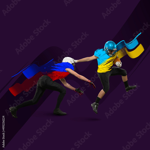 Contemporary art collage. Ukrainian rugby football player winning russian man with bloody hands sumbolizing russina war against Ukraine