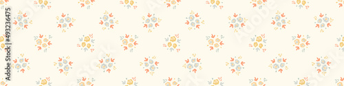Pastel boho flowers seamless border pattern in trendy ditsy wildflower style. Hand drawn organic botanical fashion edging trim. Modern summer garden bloom in natural vintage cottage core ribbon banner