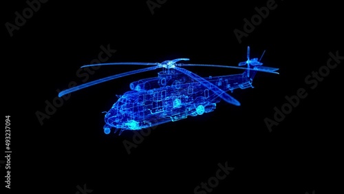 Military helicopter. Glow particles formation helicopter on a black background.