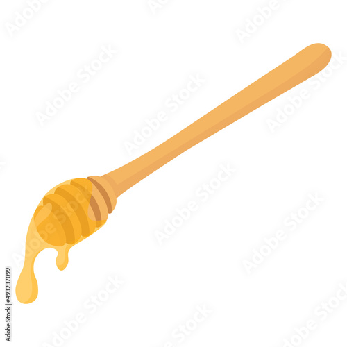Honey dipper with drop. Wooden spoon for liquid sweetness. Isolated on white background.