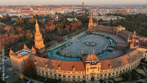 Aerial view of Plaza de Espana - Spanish Square - at sunrise in Seville, Spain. Morning view of Seville city and Plaza de Espana with Maria Luisa Park