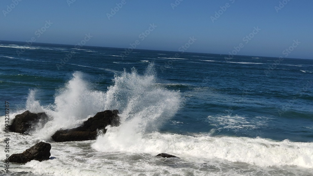 waves crashing on rocks, California