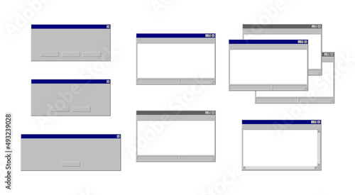 Windows system message templates. Retro 90s PC interface. Vector set of error message, blank window, notepad. Collection of empty copy space elements of computer operating system