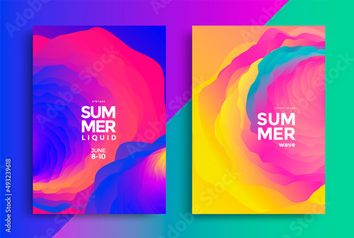 Summer wave abstract modern covers set. Colorful fluid graphic compositions. Vector 