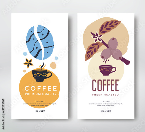Coffee Packaging design. Vector label with coffee branch, bean and cup.