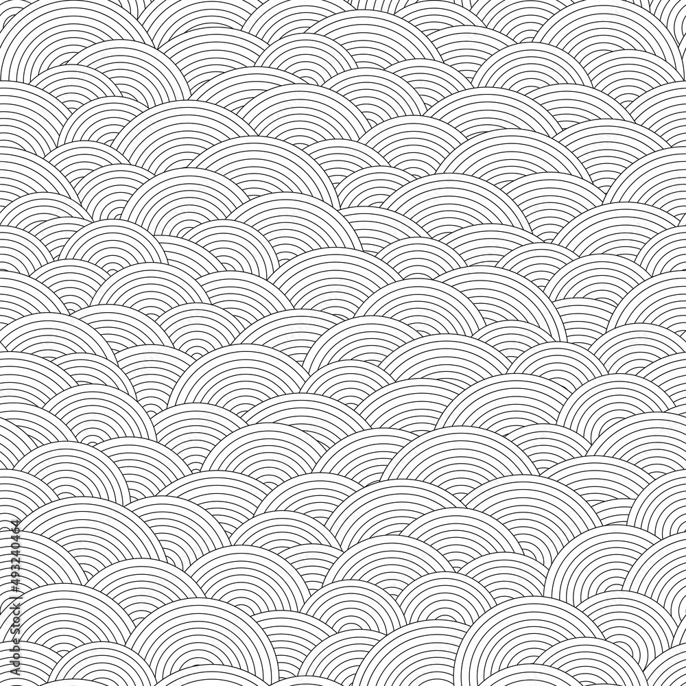 Abstract asian styled fish scales seamless pattern. Vector geometric illustration with striped circles. Line art vector print for fabric, stationery, wrapping paper, any surface.