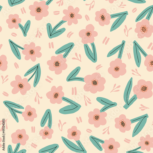 Pastel flowers with leaves seamless repeat pattern. Random placed  cute vector botany plants all over print on beige background.