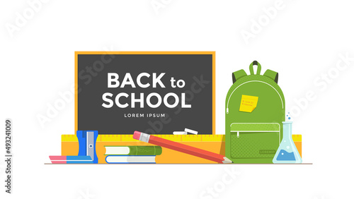 Back to School background with school supplies set and green Backpack. Education vector illustration.