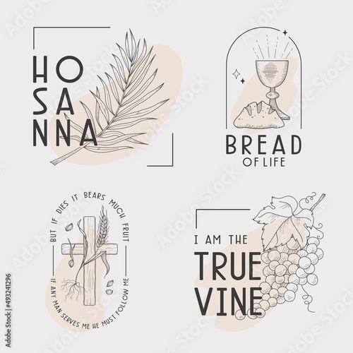 Christian easter and holly week line illusrtration set with Jesus Christ sayings. Can be used as inspiring christian interior prints or social media templates. photo
