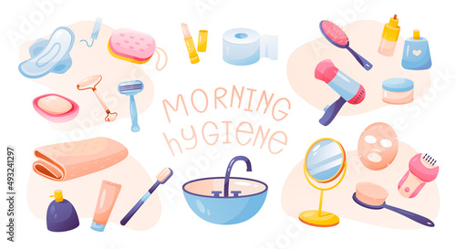 Morning hygiene collection.  A set of items for morning feminine hygiene. Self care at home. Cartoon vector illustration.