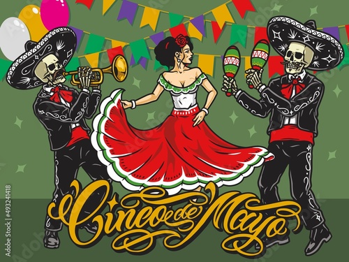 Mexican vintage banner with dancer and musicians