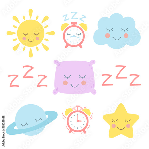 Night time flat icons set isolated vector. Sleep clipart