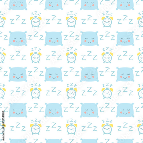 Bedtime seamless vector pattern. Sleeping pillow and clock zzz for baby boy design.