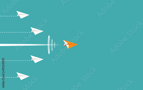Orange paper plane leader fly supersonic speed on the blue sky. Competition concept. Vector illustration flat design for poster, banner, presentation, and background. photo