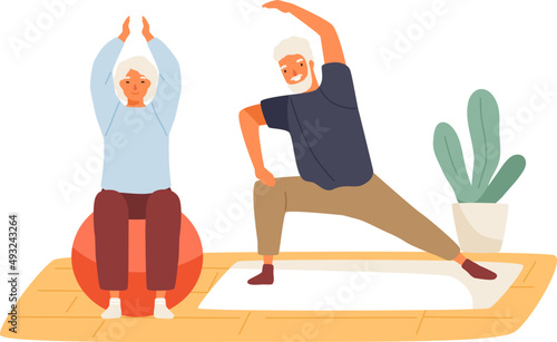 Elderly Couple Practicing Yoga Illustration