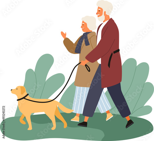 Elderly Couple Walking with Dog Illustration
