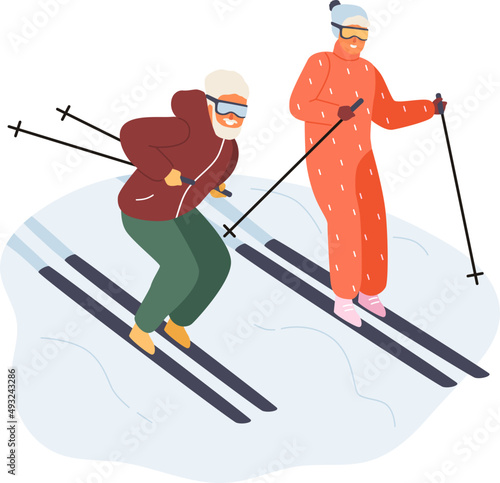 Active Mature Couple Skiing Illustration