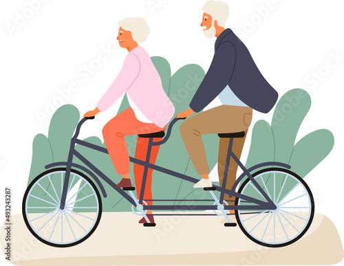 Active Grandparents Riding Tandem Bike Illustration
