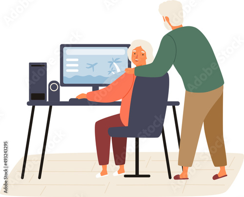 Elderly Couple Planning Vacation Trip Together Illustration