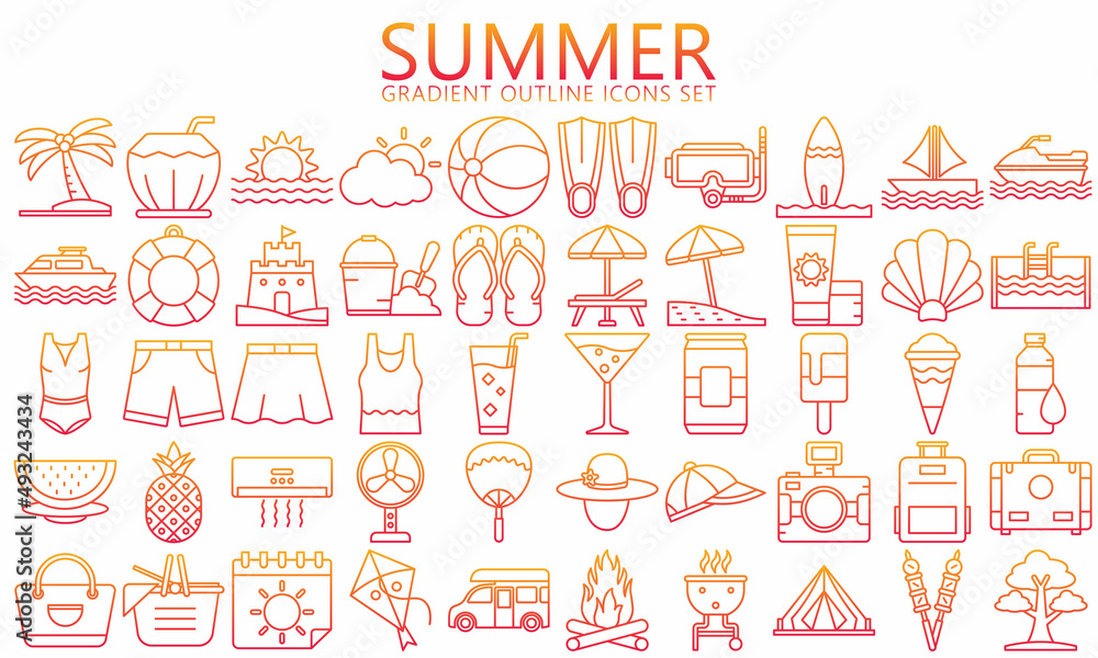 Summer and Holidays gradient outline Icons set. simple concept symbol of tourism, travel recreation, beach and season. Used for web, UI, UX kit and applications, vector EPS 10 ready convert to SVG. Summer and Holidays gradient outline Icons set. simple concept symbol of tourism, travel recreation, beach and season. Used for web, UI, UX kit and applications, vector EPS 10 ready convert to SVG.