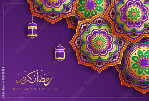 Ramadan Kareem in luxury style with golden mandala on dark background for Ramadan Mubarak
