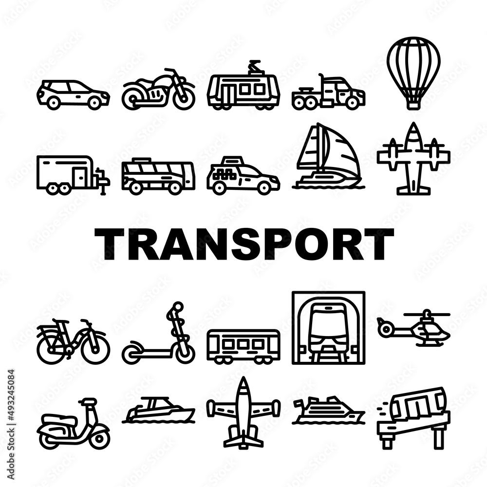 Transport Vehicle And Flying Icons Set Vector. Balloon And Aircraft Fly Transport, Car And Taxi, Bus And Underground, Helicopter And Tramway, Boat And Cruise Liner Black Contour Illustrations