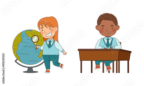 Cute schoolkids in blue uniform studying at school. Happy elementary school students cartoon vector illustration