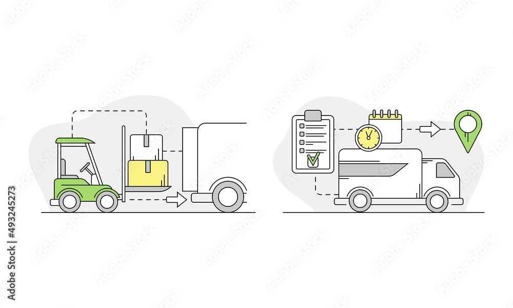 Apartment move set. Loading, transportation and logistics service linear vector illustration